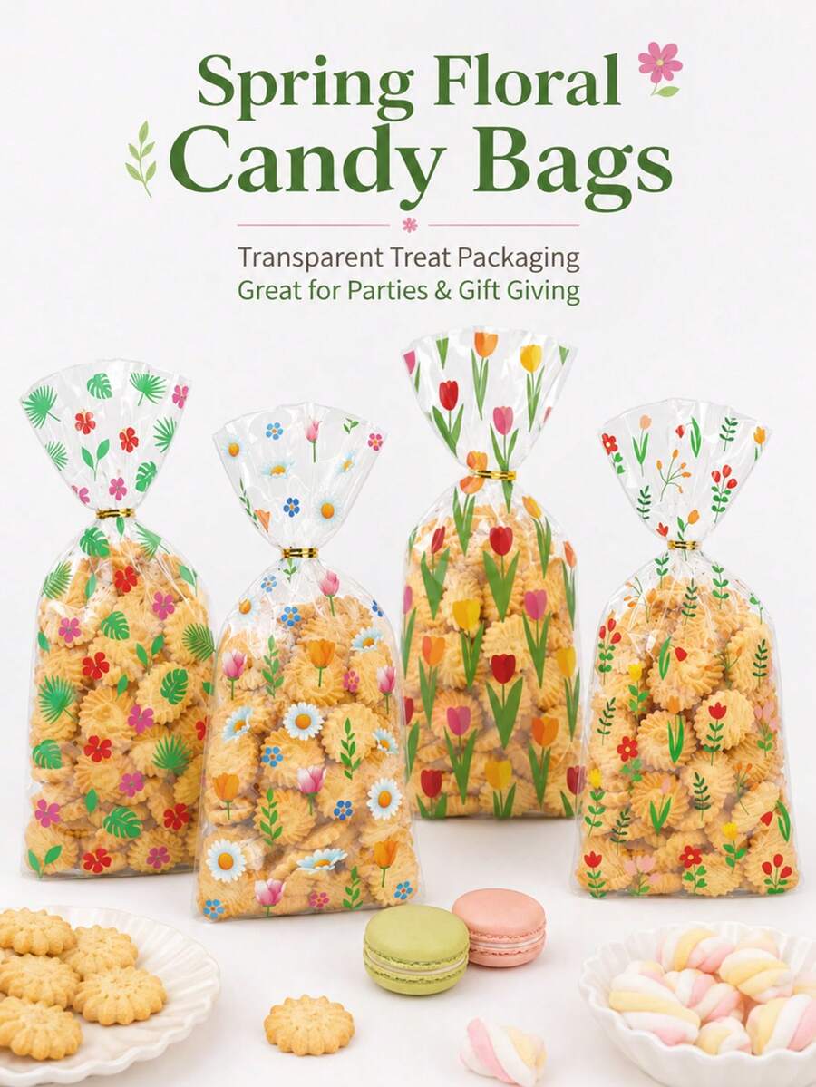 20pcs Spring Floral Candy Bags Transparent Treat Packaging Colorful Flower Print Twist Tie Bakery Party Wedding Birthday Dessert Snack Gift Supplies - View 1