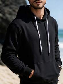 Mature Men's 1pc Hooded Drop Shoulder Regular Fit Colorblock Drawstring Kangaroo Pocket Hemline Detail Minimalist Basic Style Pullover Outdoor Sweatshirt For Beach, Travel, Daily Commute, Spring And Autumn - Black - View 2