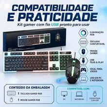 Kit gamer com teclado semi mecânico iluminação rainbow e mouse gamer LED USB com fio para jogos, estudos, trabalho e uso diário no computador ou notebook - Visão 3