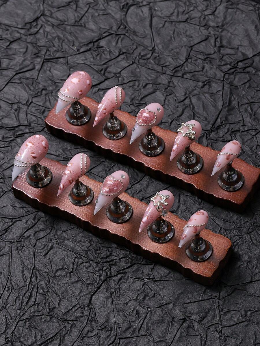10 piezas/Set de uñas postizas hechas a mano con diseño de garra de dragón, pata de gato y garra de bestia, estilo Y2K, pintadas a mano con degradado rosa nude, estampado de leopardo, cadena de strass, colgante de estrella, dulce, cool y vivaz, con 1 pieza de pegamento de gelatina y 1 pieza de lima de uñas, adecuadas para manicura diaria y de fiesta - Rosa Pálido - Ver 1