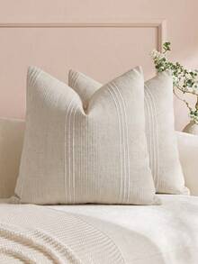 1PC/2PCS Decorative Striped Throw Pillow Cover, Textured Linen Pillowcase, Suitable For Sofa, Bed, Chair, Living Room, Home Decor, Country Style - Beige - View 1