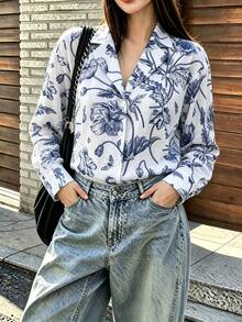 Women's Vintage Floral Print Button Front Notch Lapel Long Sleeve Shirt For Business, Office, Commute, Vacation, Holiday, Spring Fall Winter - Blue - View 13