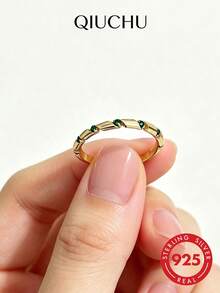 QIUCHU 1pc S925 Sterling Silver Bamboo Knot Niche Original Design Ring, Elegant Versatile Stackable Ring For Women, Suitable For Daily Wear, Dating, Party, And Holiday Gift, Net Silver Weight: 1.3g - Gold - View 2
