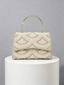 1pc Beige Heavy Embellished Pearl & Rhinestone Handheld Evening Bag, Fan-Shaped Beaded Pattern, Metal Ring Handle, Flap Design, Bridal Dress Bag, Wedding Banquet Party, Can Be Paired With Chain Crossbody - Beige - View 5