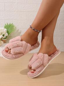 Women's Cross Strap Thick Furry Slippers, Comfortable Indoor Home Slippers, Open Toe Warm Slippers For Autumn Winter All Seasons, Gift For Girls - Pink - View 4