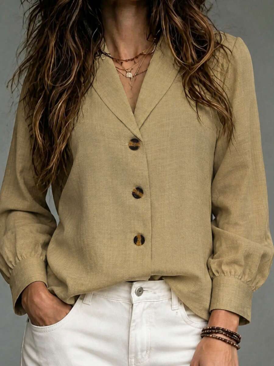 Women's Casual Long Sleeve Shawl Collar Button-Up Shirt, Comfortable Linen Fabric, Suitable For Autumn Wear - Khaki - View 1