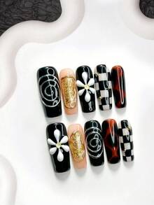 10片甜酷風手工穿戴甲，Polygel美甲套組，手工花卉雕花細節，黑白配色，時尚風格，附美甲工具，3種尺寸可選，杏仁/鴨嘴/棺材形，適合派對、跳舞、日常配戴 - 彩色 - 查看 18