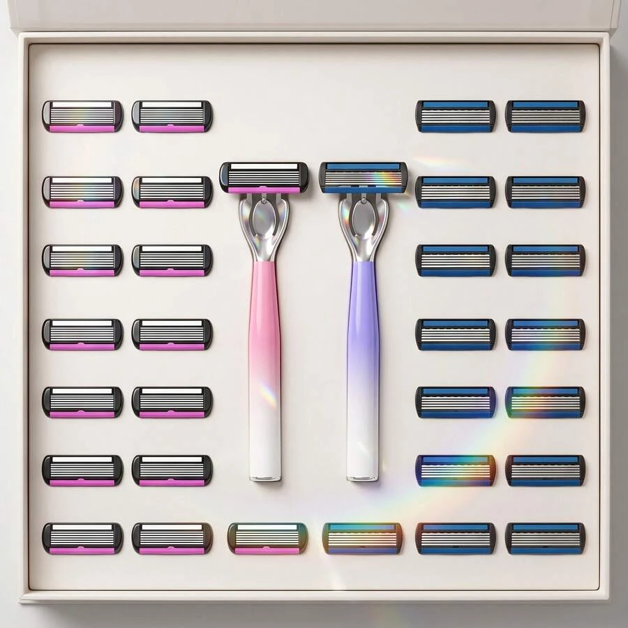 High-Quality Gradient Color Women's Manual Shaving Set With 6/12/18/24 Replacement 6-Layer Stainless Steel Razor Blades, Washable Razor For Intimate Areas, Underarm Hair, Leg Hair, Shaving Tool, Body Grooming Razor, Men's Shaving Razor, Beard Razor, Daily Hair Trimming, Premium Travel Choice - 1 Gradient Blue Handle + 6 Replacement Blades - View 1