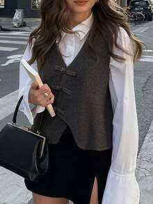 Women's Dark Brown V-Neck Knit Vest, Asymmetric Wrap Bow Button Sleeveless Sweater Waistcoat, Casual Layering Top For Fall Winter - Brown - View 3