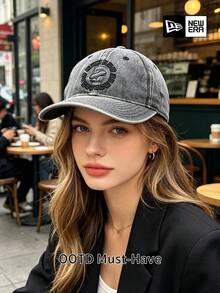 New Era Grey Washed Baseball Cap, Classic Curved Brim Embroidered Logo Hat, Adjustable Casual Sports Cap, Unisex Street Style Accessory - Dark Grey - View 3