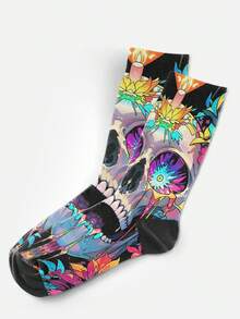 Cool 360° Printed Men's Socks - Streetwear Socks,Colorful Flower Skull,Undead Art Style,Colorful,Funny Socks, Fit Daily, Holiday & Party Occasions - Multicolor - View 7