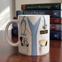 Personalized Doctor White Coat Pattern 11oz Mug, Customizable Name Stethoscope Medical Theme Coffee Cup, Doctor Nurse Physician Gift - White-blue Doctor Style - View 4
