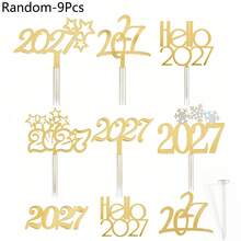 1pc/3pcs/9pcs Gold Hello 2027 Acrylic Cake Toppers, New Year Christmas Party Cake Decorations - Multicolor - View 9