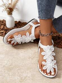 Fairy Style Asymmetrical Floral 3D Lace Toe Sandals, Comfortable Soft Sole Non-Slip Flat Beach Vacation Women's Sandals - White - View 6