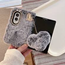 Autumn/Winter Colorblock Plush Heart Pendant Phone Case For Galaxy Z Fold3/4/5/6/7/8, Rhinestone Camera Frame, Girly Style Full Coverage Protective Cover - Grey - View 3