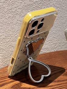 2件裝奢華閃亮波點亮片水鑽愛心鏡面支架防震手機殼，相容 iPhone 17Pro Max 17Pro 17 17Air 16Pro Max 16Pro 16PLUS 15Pro Max 15Pro 14Pro 14Pro Max 16 15 14 13 12 11，鏡頭保護後殼 - 黃色 - 查看 3