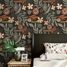 1pc Black Background Deep Green Floral Plant Wallpaper, 17.7" X 118/196", Removable Wallpaper, Living Room, Bedroom Wall And Furniture Renovation Sticker, Autumn Atmosphere Wall Decor, Back To School Decoration, Contact Paper - Home Wallpaper - View 6
