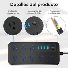 Multicontacto Usb Extension Electrica 8 Tomas 4 Puertos Usb Tipo C Multi Contacto Extensiones Electricas Cable 2m Con Proteccion Contra Sobrecarga Para Hogar Oficina Escritorio Negro - Negro - Ver 1