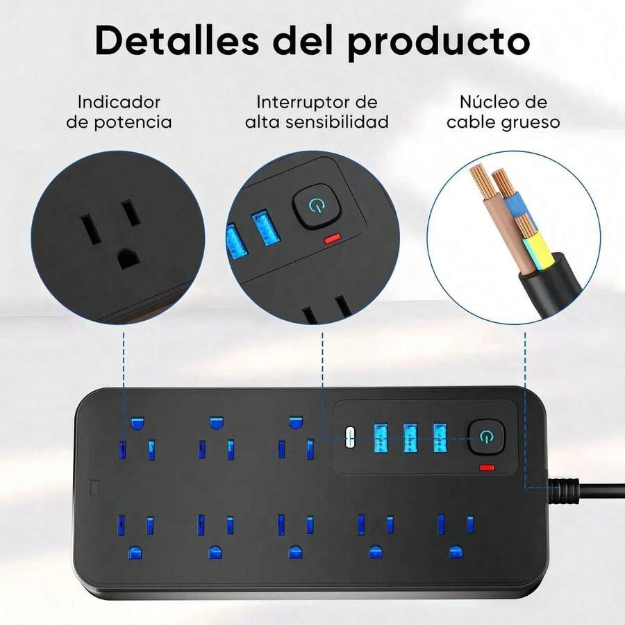 Multicontacto Usb Extension Electrica 8 Tomas 4 Puertos Usb Tipo C Multi Contacto Extensiones Electricas Cable 2m Con Proteccion Contra Sobrecarga Para Hogar Oficina Escritorio Negro - Negro - Ver 1