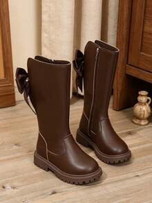1 Pair Coffee Brown Girls' Pearl Bow High-Top Riding Boots, Soft PU Thick Sole Height-Increasing Inner Zipper Design, Fashionable Cute Princess Style Long Boots, Suitable For Daily School, Holidays, Parties, Autumn/Winter New Arrival - Coffee Brown - View 5
