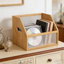 1/2/3pcs Natural Bamboo Desktop Storage Organiser Box With Fluted Transparent Front Panel, Portable Carry‑Handle Slant‑Top Storage Container For CD, Books, Office Supplies Home Desk Organisation - Multicolor - View 7