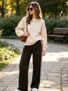 Women's Leopard Print Straight Leg Pants, Side Stripe Design, Spring/Autumn Casual Comfortable Woven Long Pants - Brown - View 5