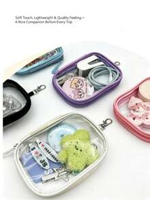1pc PVC Transparent Mini Storage Pouch With Carabiner Hook, Backpack Hanging Small Zipper Organizer For Earphones Charging Cables Stationery Hair Clips Pins, Waterproof Dustproof Travel Tiny Accessory Case, Free Random Cute Cartoon Stickers Gift - Rectangle - View 3