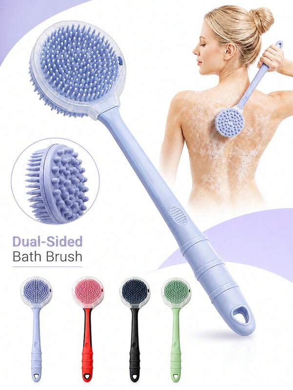 1PC Long Handle Silicone Body Scrubbing Brush, Unisex Double-Sided Silicone Bath Brush Body Cleansing Brush With Soft Bristles And Massage Particles, Back Scrubbing Tool With Comfortable Non-Slip Handle, Massage Exfoliating Bumps For Deep Body Cleansing And Effective Dead Skin Removal, Making Skin Smoother And Finer, Suitable For Full Body Bathing Care, Essential Bathroom Item For Daily Self-Care