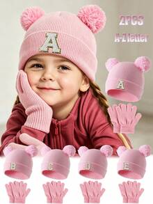 2pcs/Set Kids Fashion A-Z Letter Knit Hat & Gloves Set, Pink, Suitable For Autumn/Winter Daily Casual Wear & Warmth - Pink - View 1