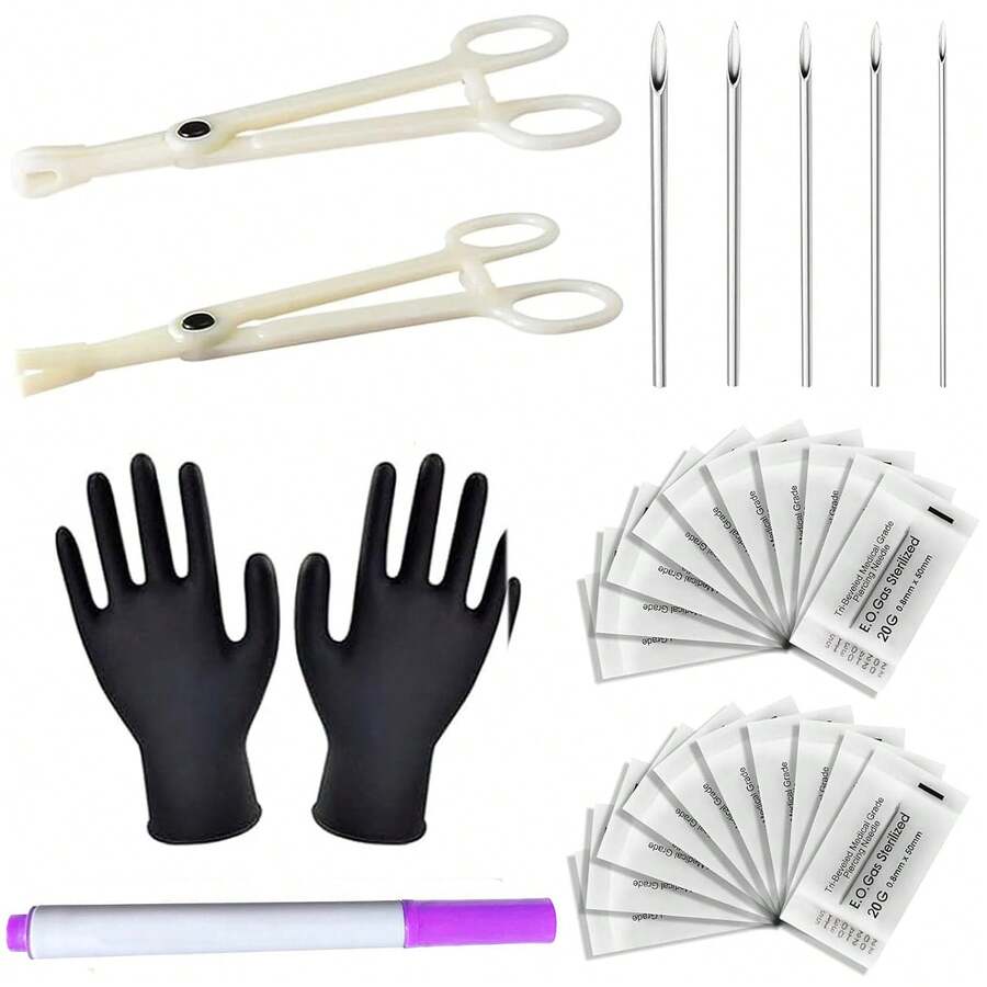 15Pcs Piercing Kit With 10Pcs Mixed 12G 14G 16G 18G 20G Ear Nose Piercing 2Pcs Piercing Clamps Forceps 2Pcs Gloves 1Pc Marker Pen For Piercing Tool - Silver - View 1