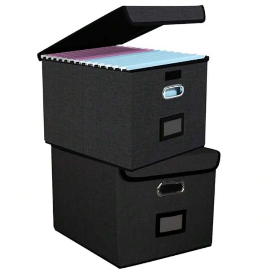 AUERQXZ Juego de 2 Caja Organizadora De Archivos Portátil Con Tapa, Organizador de Documentosde Lino, Caja Archivero Plegables con Riel Deslizante Suave Para Carpetas y Archivadores Para El Hogar - ferroso - Ver 1