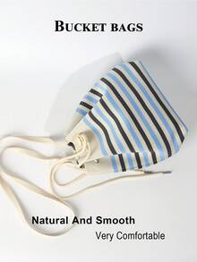 Striped Colorblock Jacquard Knit Drawstring Bucket Bag, Casual Minimalist Crossbody Bag With Multiple Pattern Options, Large Capacity To Store Phone, Umbrella, Cosmetics And Other Daily Essentials, Versatile For Daily Commute And Shopping - Multicolor - View 7