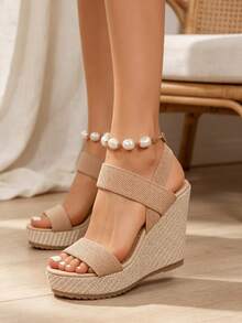 Sandalias de cuña para mujer, sandalias de playa. Color caqui, estilo francés suave de verano, aptas para uso casual, trabajo o para llevar durante vacaciones o viajes. - Caqui - Ver 2