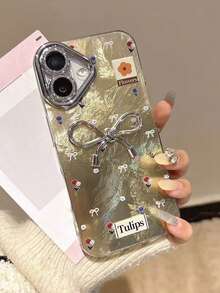 1pc Premium Red Fashion Floral Metal 3D Bow Phone Case - Precise Camera Hole Protection Soft Shell Compatible With Apple 11/12/13/14/15 Plus/16 Pro Max/17 Pro Max - Light Yellow - View 5