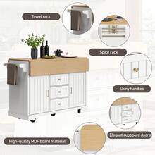 Kitchen Island On Wheels, Extendable Kitchen Trolley With Foldable Tabletop, 3 Drawers, 2 Door Cabinets, Spice Rack And Towel Rail, 120 X 40-80 X 95cm - White - View 4