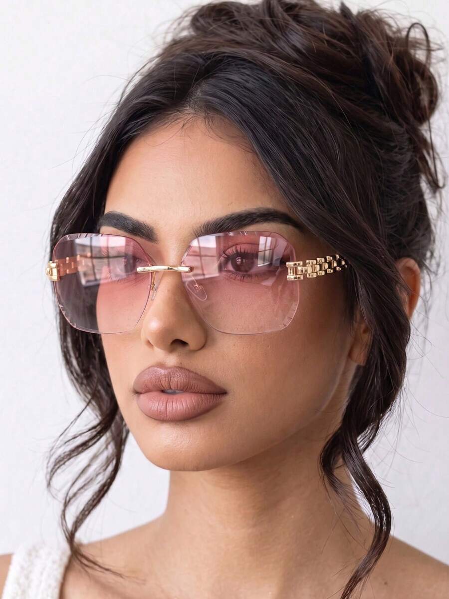 1PC Women's Rimless Cut-Edge Square Gradient Ocean Lens Retro Bohemian Hollow Chain Temple Fashion Glasses, Beach Street Style Personalized Y2K Plus Size Elegant High-End Pure Desire Decorative Shades, Suitable For Couples, Dating, Beach, Travel, Driving, Party, Etc. - Gradient Powder - View 1