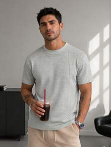 Blueprint Man 1pc Men's Solid Color Premium Texture T-Shirt, Heavyweight Skin-Friendly Crew Neck Short Sleeve Top, Soft Comfortable, Low-Key Old Money Style, Machine Washable, Suitable For Spring/Summer, Daily Commute, Outdoor Sports, Old Money Style, Runs Large. Please Size Down For A Better Fit - Grey - View 10