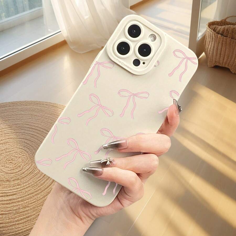 Phone Case: 1 Pink Bow Print Black And Ivory White Pupil Eyelet Phone Case, Suitable For Apple  16 15 14 13 12 11 XS XR X 8 7 Mini Plus Pro Max SE Series, A Gift For Friends, Girlfriend, Boyfriend, Family, Or Yourself - Antique White - View 1