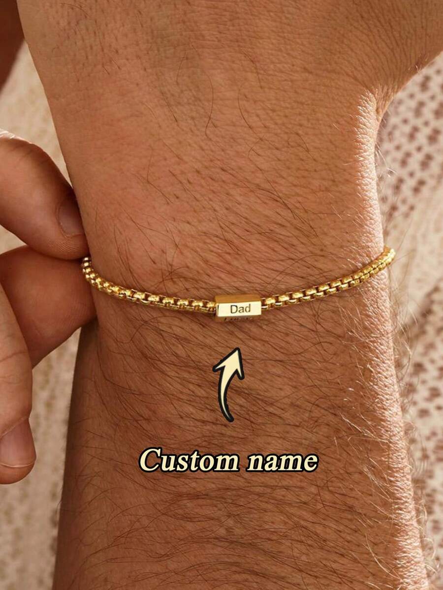 1PC Customized Multi-Sided Name Bracelet For Men, Multi-Engraved Letter Bracelet, Stainless Steel Bracelet, Dad Bracelet, Personalized Men's Jewelry, Father's Day Gift, Gift For Husband, Customized Name Bracelet, Christmas, Halloween Gift, Personalized Gift Jewelry - Multicolor - View 1