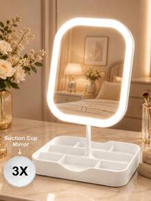 LED Makeup Mirror With Light, 3X Magnifying Suction Cup Mirror, 3 Color Lights, Dimmable Touch Control, USB Rechargeable Vanity Mirror With Storage Base, 360° Rotating, Suitable For Bedroom, Dorm And Travel, Ideal Holiday Gift - Multicolor - View 10