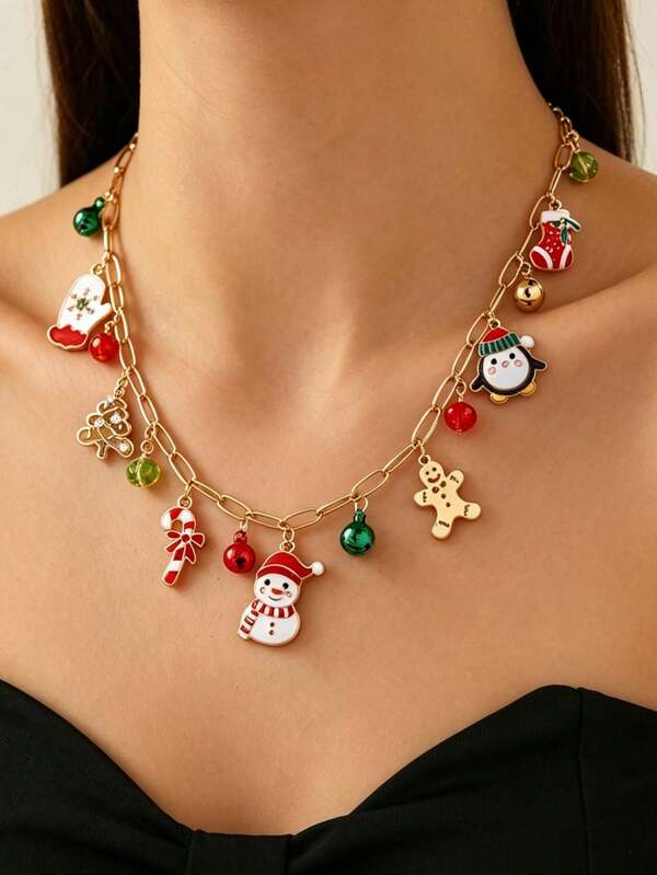 1pc Gold Paper Chain Christmas Multi-Pendant Necklace, Drip Oil Snowman Penguin Gingerbread Man Candy Cane Bell Glove Charm Necklace, European And American Christmas Holiday Party Atmosphere Jewelry Accessory For Girls