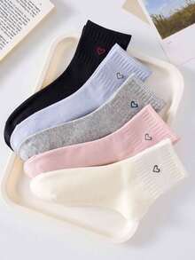 5 Pairs Women's Heart Pattern Mid-Calf Socks, White, Pink, Black, Casual Comfortable Mid-Calf Socks, College Style Student Socks, Fashionable Comfortable Suitable For Daily Wear, Spring Summer Autumn Winter All Seasons - Multicolor - View 11