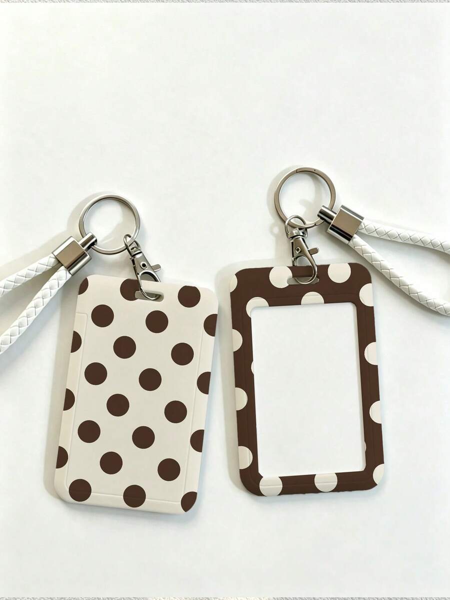 New Multi-Color Polka Dot Print Cartoon Style Push-Pull Card Holder (Card Holder + Keychain) - Suitable For Student ID, Meal Card, Transportation Card And Campus Card. Featuring An Anti-Loss Hard Shell Design, It Can Be Used As A Regular Card Holder, Business Card Holder, Credit Card Wallet Or ID Holder. A Must-Have For Holiday Travel And University Life. - Multicolor - View 1