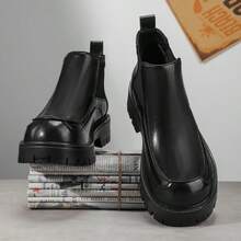 Men's High-Top Leather Riding Boots 2026 Winter New Black Lace-Up Thick Sole Casual Boots Slip-On Elastic Side Design Boots For Daily Commute Street Date Business Occasions Work Boots - Black - View 7