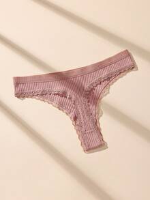 8pcs Solid Color Lace Patchwork Bow Ribbed Cotton Women's Thong Panties, Romantic Sexy - Multicolor - View 6
