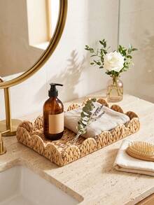3pcs/Set (S+M+L)/1pc Handmade Woven Rattan Basket, Fan-Shaped Wavy Edge Water Hyacinth Rectangular Storage Basket, Coffee Table Decor Rattan Tray, Bohemian Style Stationery, Wardrobe, Toy, Cosmetic Storage Basket, Holiday Decor Gift Basket - Khaki - View 5