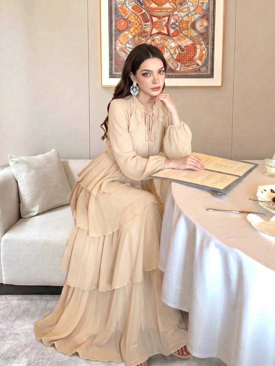 Gaun Wanita Baru Warna Polos Elegan Kerah Tegak Kecil Lengan Panjang Desain Ruffle Bertingkat Mewah Modis Pinggang Melangsingkan Gaun Pesta Elegan Warna Polos Ruffle Payet Patchwork Lipit Renda/Ruffle Pernikahan Pantai - Aprikot - View 1