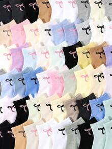 5/10/20 Pairs Kids Solid Color Bow Short Socks, Girls Student Socks, Suitable For Sports Socks, Girls Autumn Socks, Halloween Socks - Multicolor - View 3