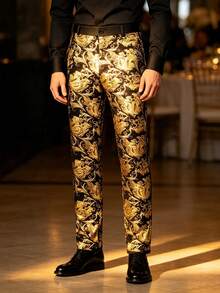 Officeau Men's Gold Foil Embellished Formal Trousers, Straight Leg Pants For Stage Performance, Party - Gold - View 3