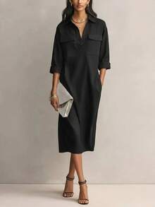 Women's Solid Color Lapel Long Sleeve Casual Midi Shirt Dress With Pockets, Autumn Fashion Elegant - Black - View 1